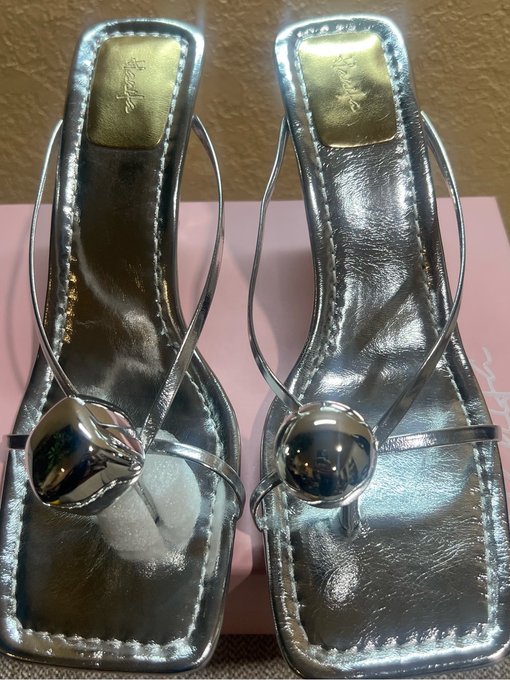 Hanifa, SOLANA Silver Sculptural Ball/dice, Square-Toe Mules- Size (42). NWT